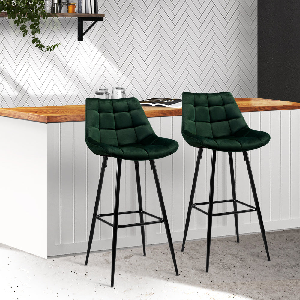 Audrey Bar Stools Velvet Chairs Green x2