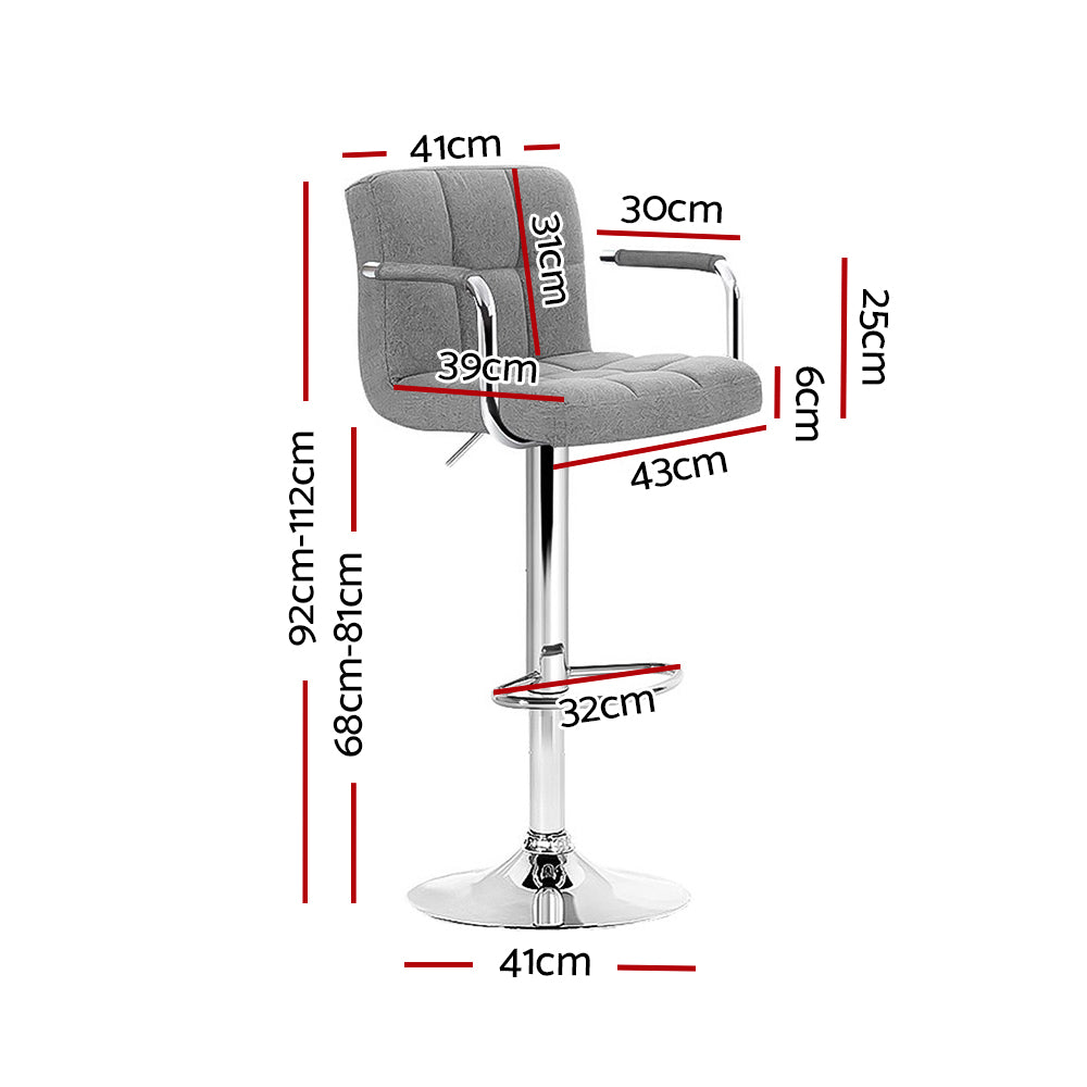 Noa Bar Stools Fabric Gas Lift with Armrest Grey x2