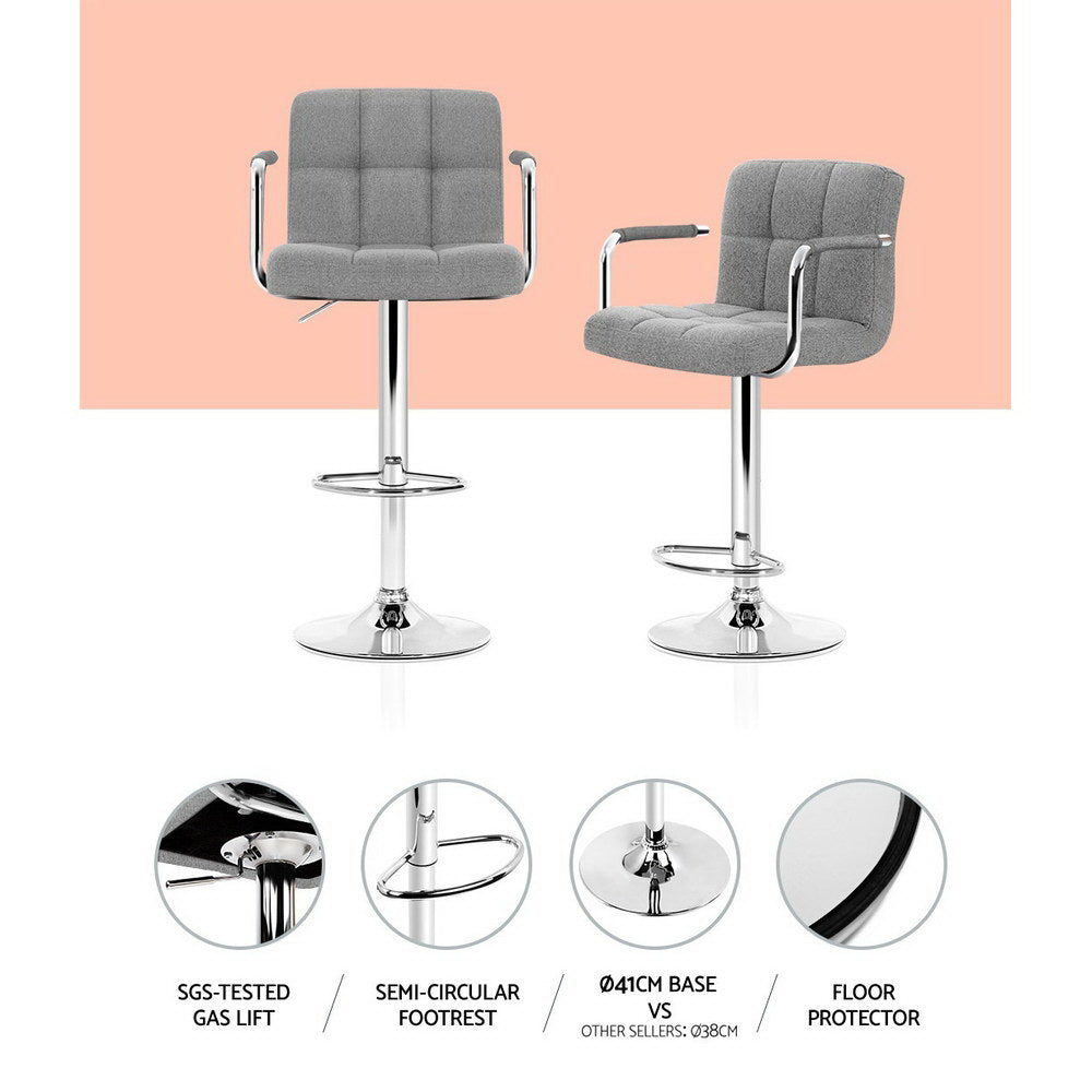 Noa Bar Stools Fabric Gas Lift with Armrest Grey x2