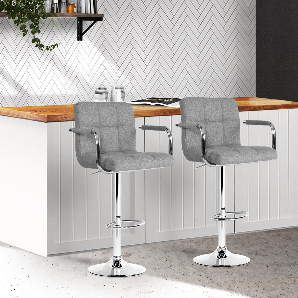 Noa Bar Stools Fabric Gas Lift with Armrest Grey x2