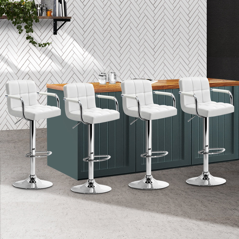 Noa Bar Stools Leather Gas Lift with Armrest White x4