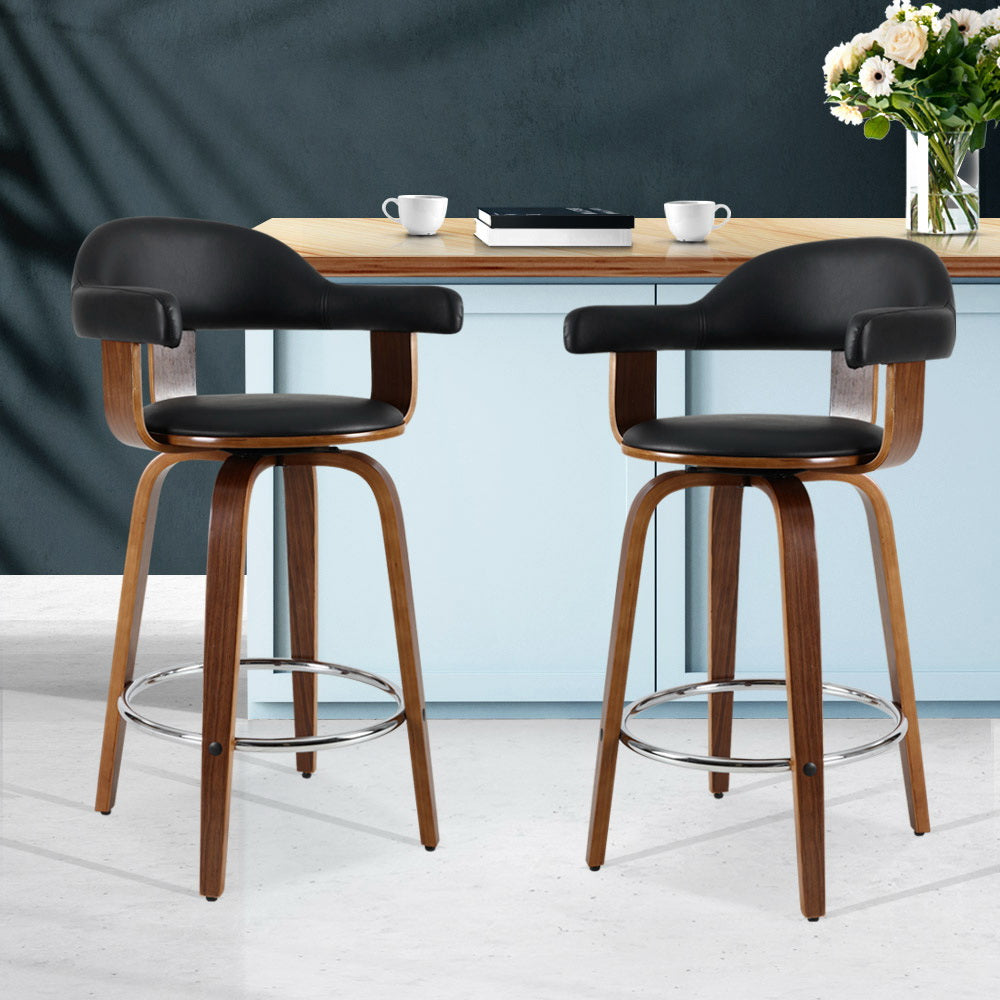 Priscus Bar Stools Leather with Wooden Legs x2