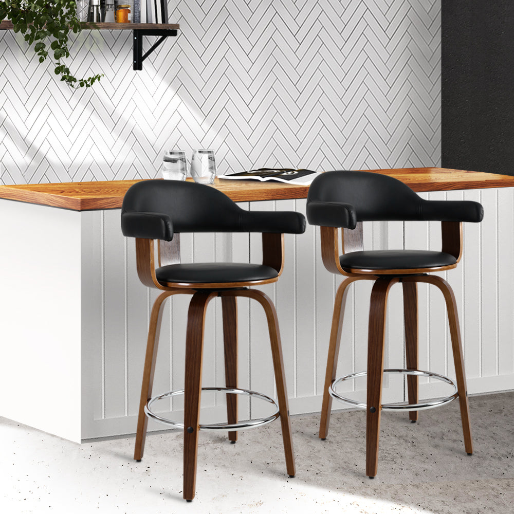 Priscus Bar Stools Leather with Wooden Legs x2