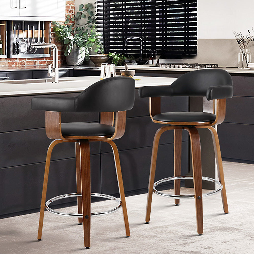 Priscus Bar Stools Leather with Wooden Legs x2