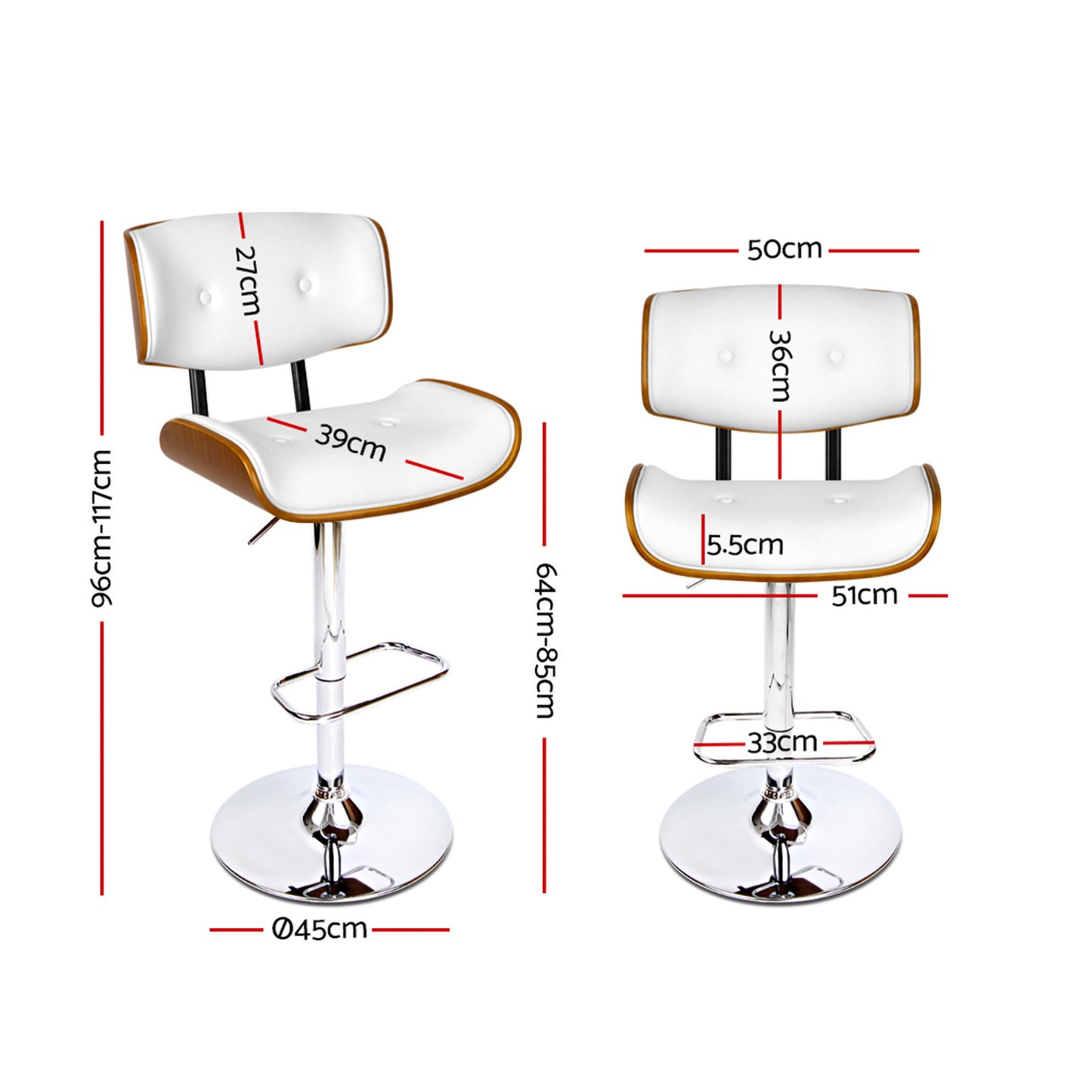 Cherry Bar Stools Gas Lift Leather White