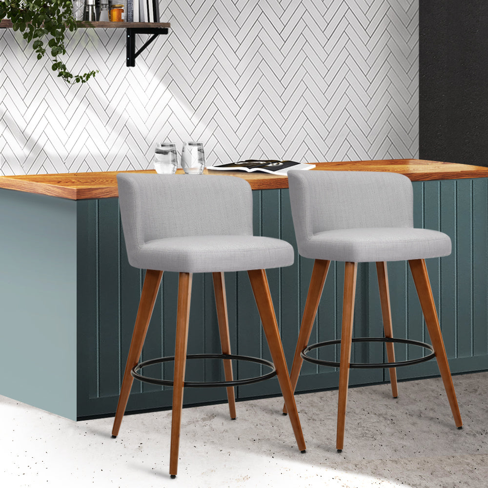 Bremer Bar Stools Linen Padded Wooden Grey x2