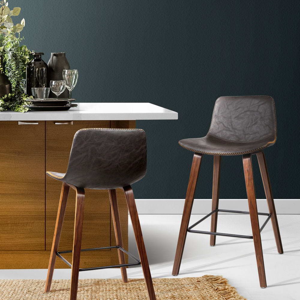 Marley Bar Stools Leather and Wooden x2