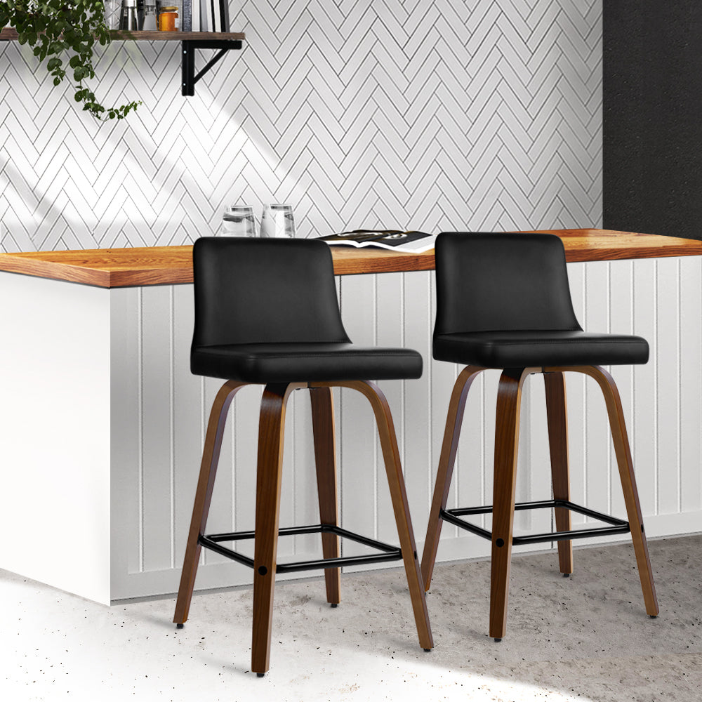 Bailey Bar Stools Leather Black Wooden Legs x2