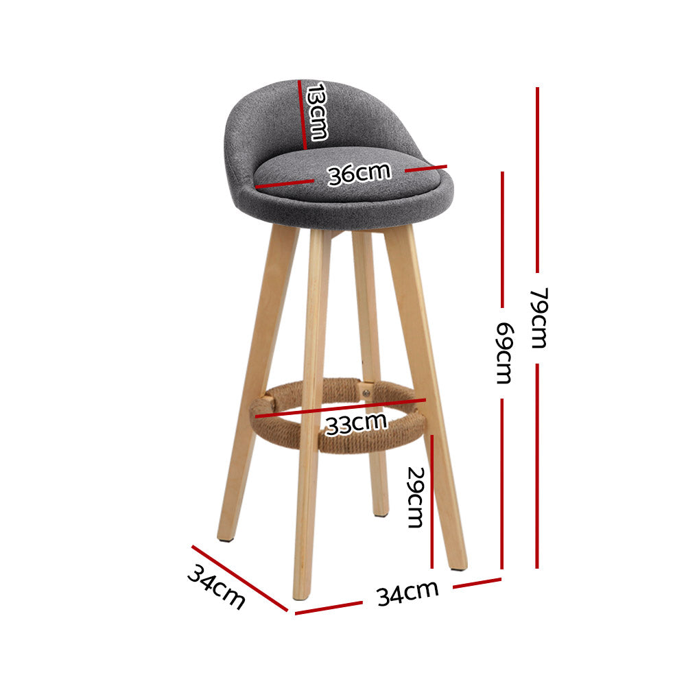 Celia Bar Stools Padded Linen Wooden Grey x2