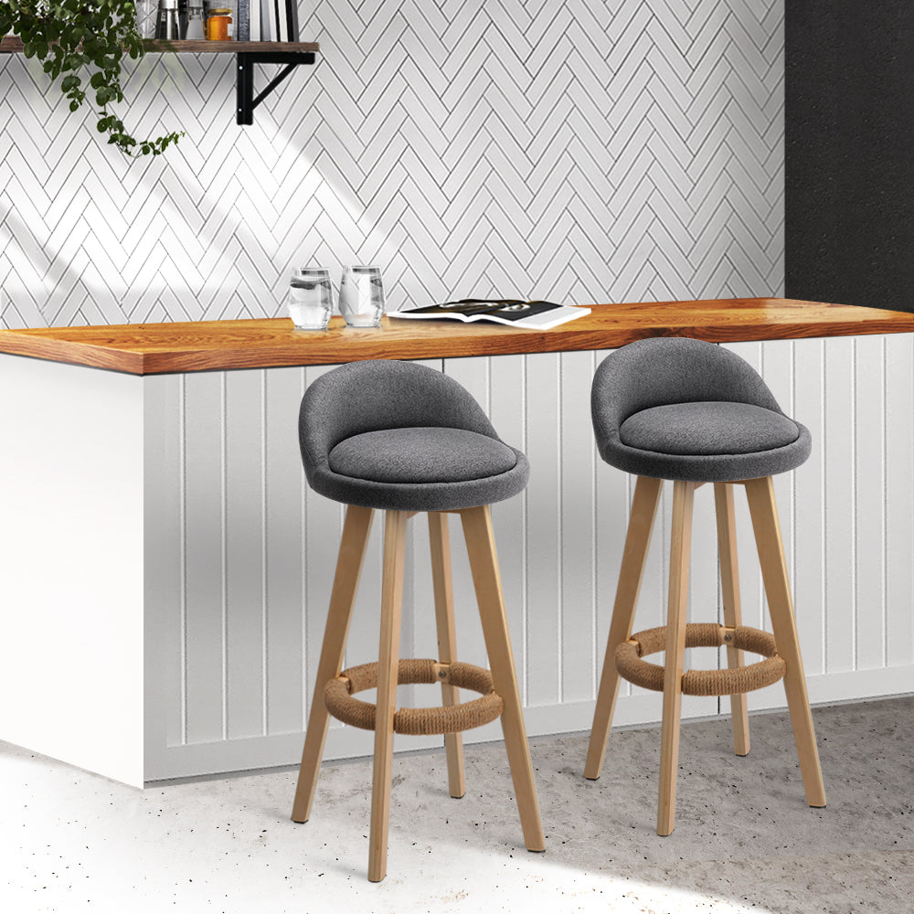 Celia Bar Stools Padded Linen Wooden Grey x2