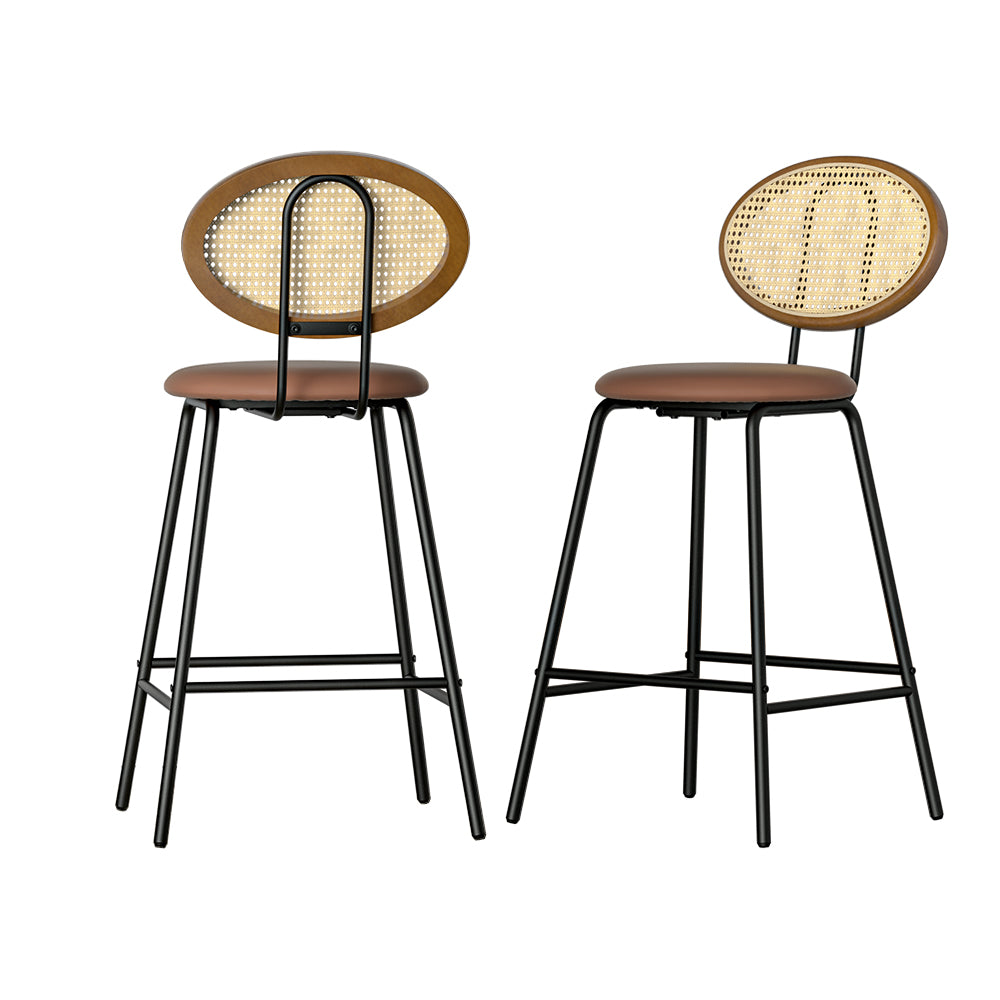 Raye Bar Stools Rattan and Leather Brown x2