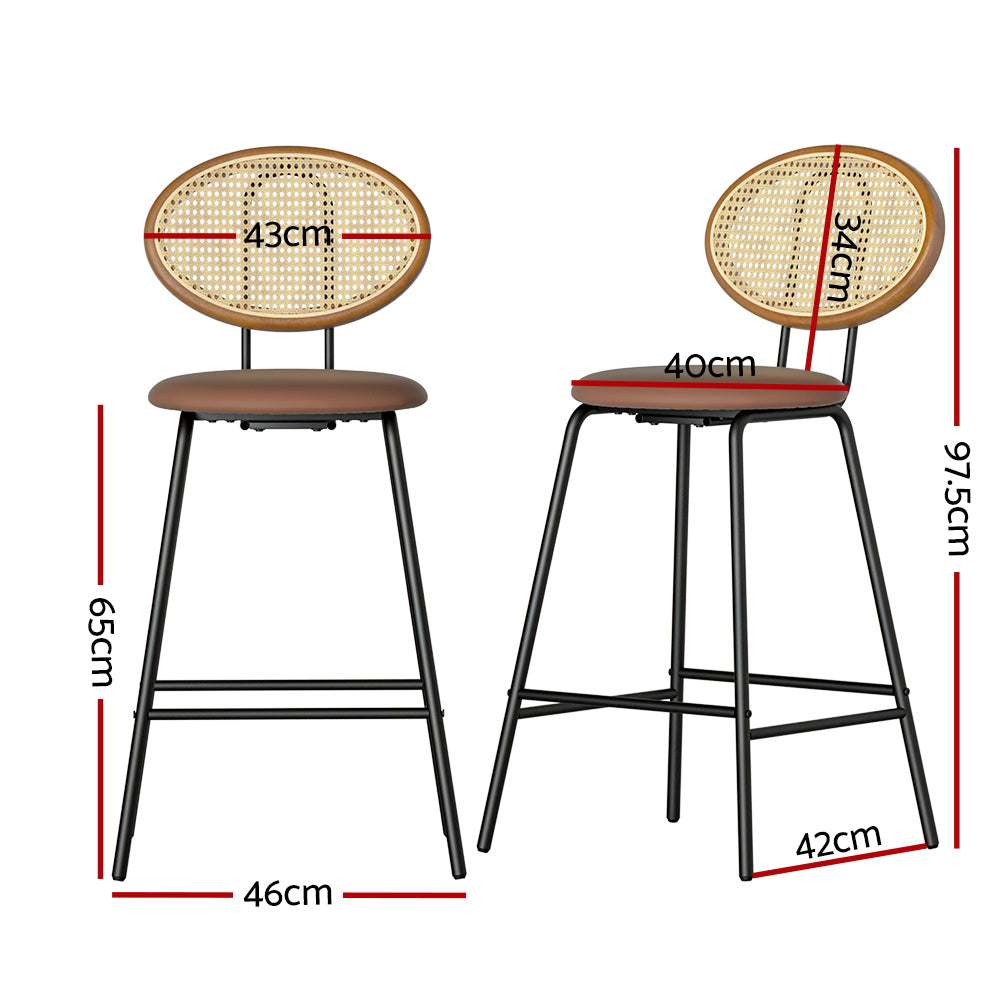 Raye Bar Stools Rattan and Leather Brown x2