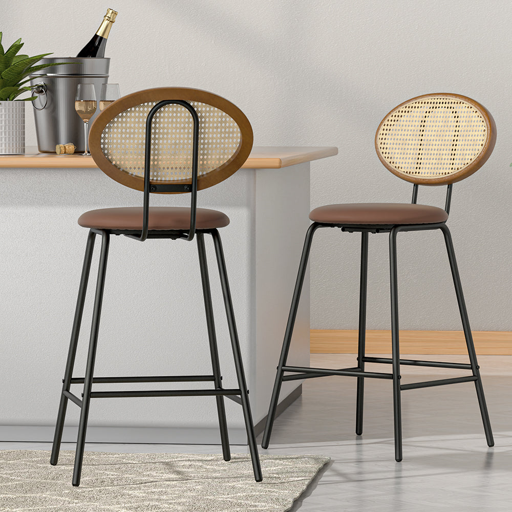 Raye Bar Stools Rattan and Leather Brown x2