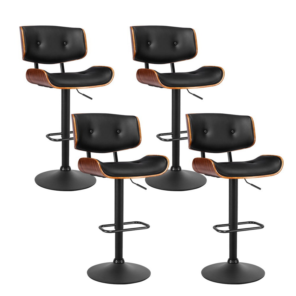 Cherry Bar Stools Gas Lift Leather Black x4