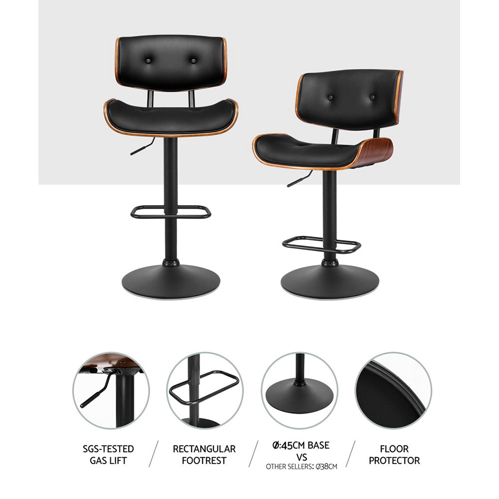 Cherry Bar Stools Gas Lift Leather Black x4