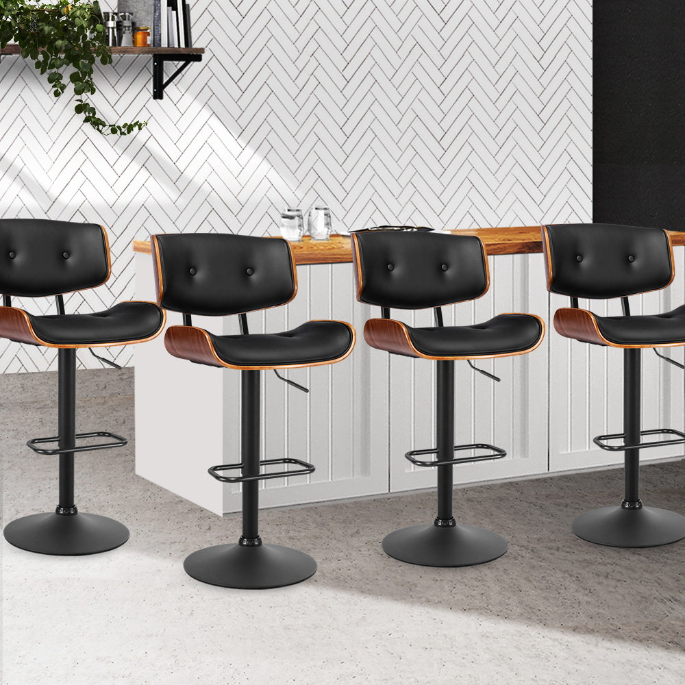 Cherry Bar Stools Gas Lift Leather Black x4